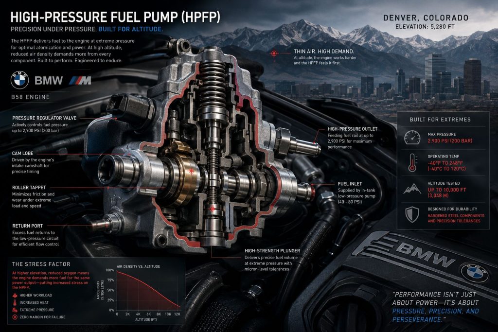 BMW high-pressure fuel pump (HPFP) diagram showing fuel delivery stress at Denver high altitude