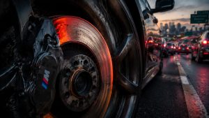 BMW brake rotor glowing from heat in stop-and-go traffic showing accelerated brake wear on Reunion-Denver commute