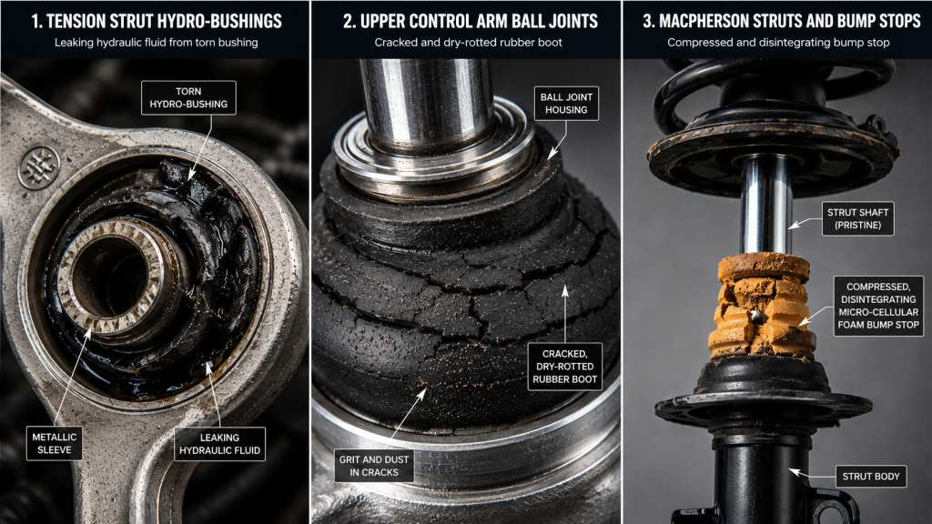 Three-panel technical diagram showing BMW suspension wear including hydro-bushing fluid leakage, cracked upper control arm ball joint boot, and compressed strut bump stop degradation.
