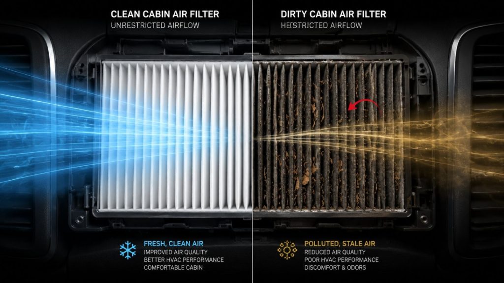 Comparison of clean vs. dirty BMW cabin air filters showing airflow differences and HVAC performance