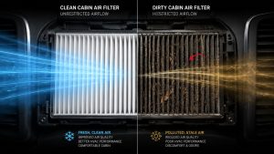 Comparison of clean vs. dirty BMW cabin air filters showing airflow differences and HVAC performance