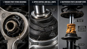 Three-panel technical diagram showing BMW suspension wear including hydro-bushing fluid leakage, cracked upper control arm ball joint boot, and compressed strut bump stop degradation.
