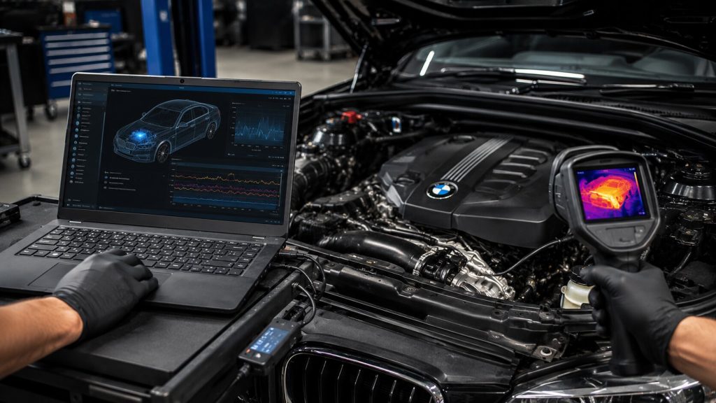 BMW engine undergoing AI-assisted diagnostics with factory ISTA software and thermal imaging in a Denver auto repair shop