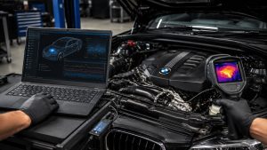 BMW engine undergoing AI-assisted diagnostics with factory ISTA software and thermal imaging in a Denver auto repair shop