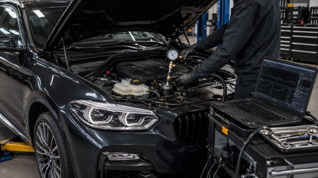 Technician performing BMW cooling system diagnostics with pressure testing equipment and factory-level diagnostic software to identify cooling system leaks and water pump concerns.