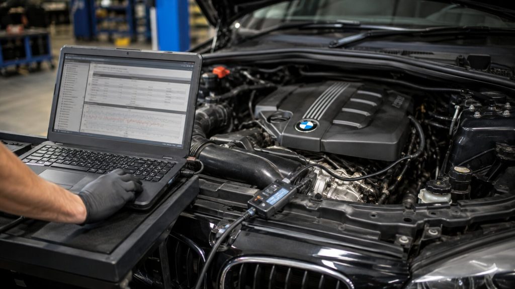 BMW engine connected to factory ISTA diagnostic software during engine diagnostics in a Denver auto repair shop