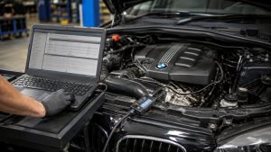 BMW engine connected to factory ISTA diagnostic software during engine diagnostics in a Denver auto repair shop