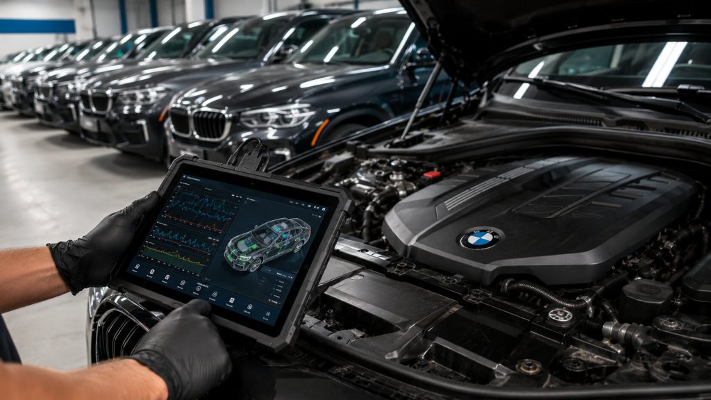Technician using factory diagnostic equipment to monitor BMW fleet telematics and engine health during a professional diagnostic inspection in Denver.