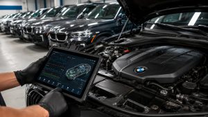 Technician using factory diagnostic equipment to monitor BMW fleet telematics and engine health during a professional diagnostic inspection in Denver.