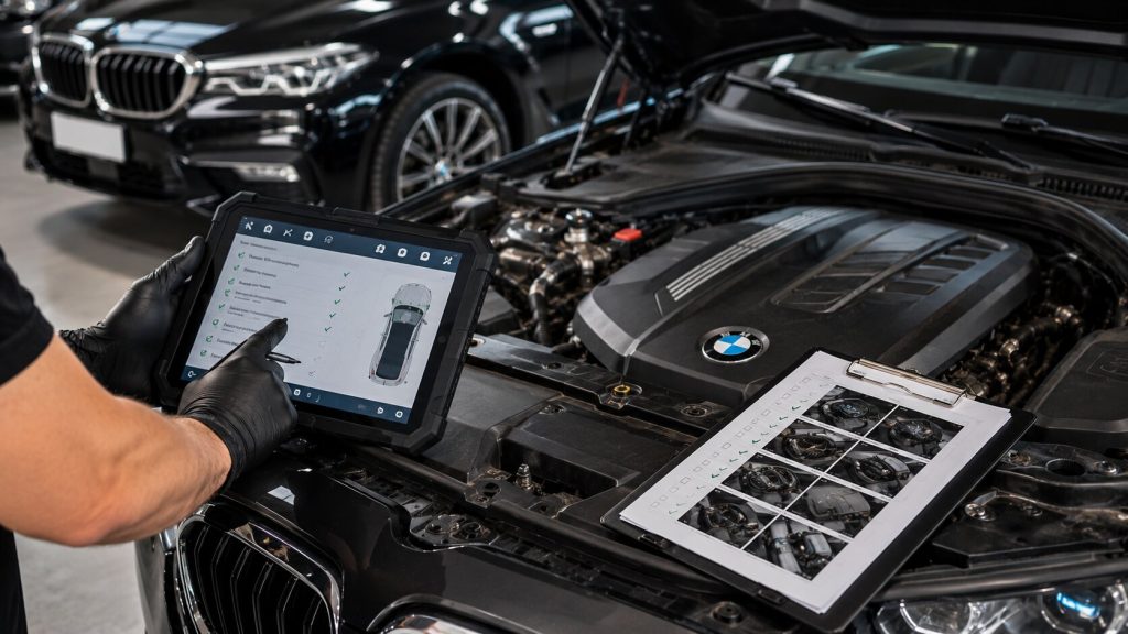 Technician documenting a BMW digital service history using factory diagnostic software during a professional vehicle health inspection in Denver.