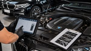 Technician documenting a BMW digital service history using factory diagnostic software during a professional vehicle health inspection in Denver.