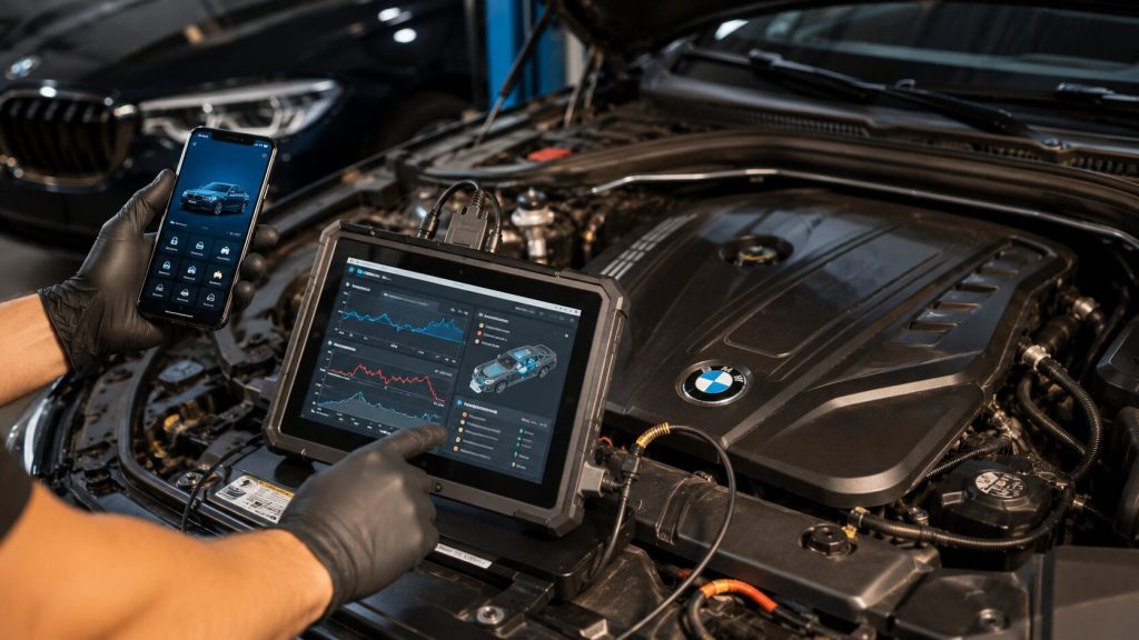 Technician verifying BMW Proactive Care remote alerts using factory diagnostic software connected to a BMW engine in Denver.