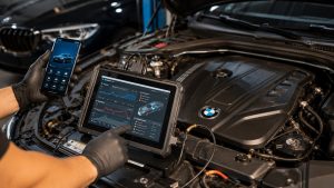Technician verifying BMW Proactive Care remote alerts using factory diagnostic software connected to a BMW engine in Denver.
