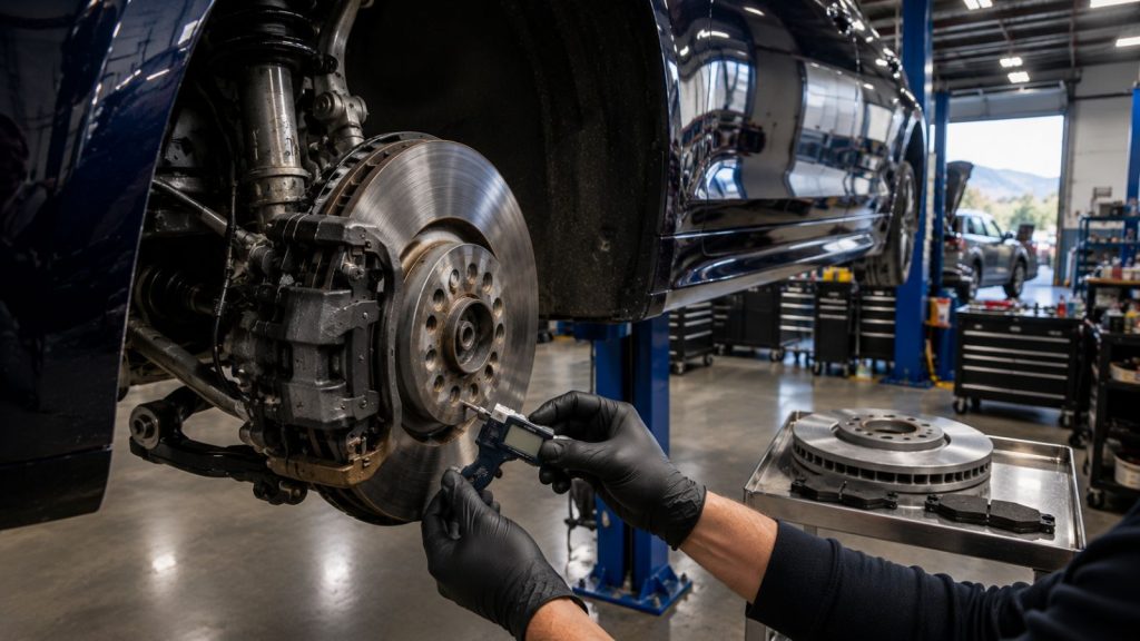 Technician measuring BMW brake rotor thickness with a digital micrometer during brake service to determine whether rotor replacement or routine maintenance is needed.