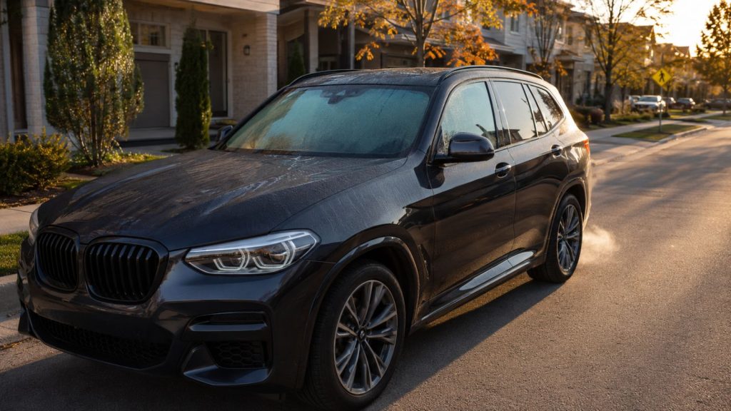 BMW parked after a cold start during a short school run in Reunion where repeated idling and brief trips can contribute to carbon buildup in direct-injection engines