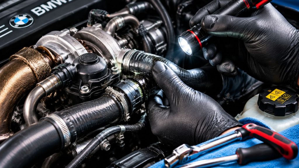 A professional mechanic performing a detailed visual inspection of a BMW engine bay, focusing on coolant hoses and turbocharger connections.