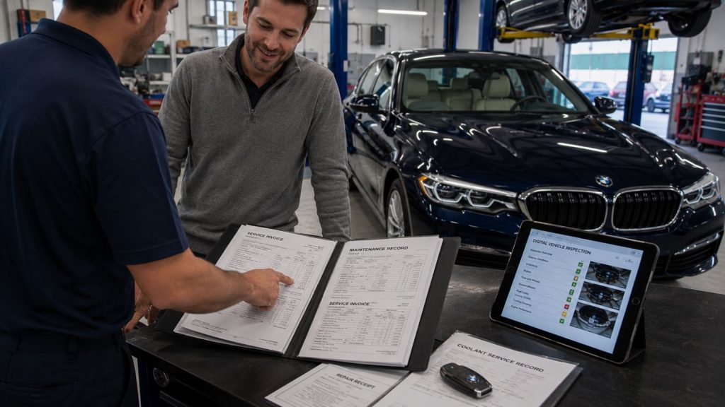 BMW owner reviewing service records and a Digital Vehicle Inspection with a technician, demonstrating how documented maintenance history supports resale value and buyer confidence.
