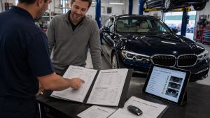 BMW owner reviewing service records and a Digital Vehicle Inspection with a technician, demonstrating how documented maintenance history supports resale value and buyer confidence.