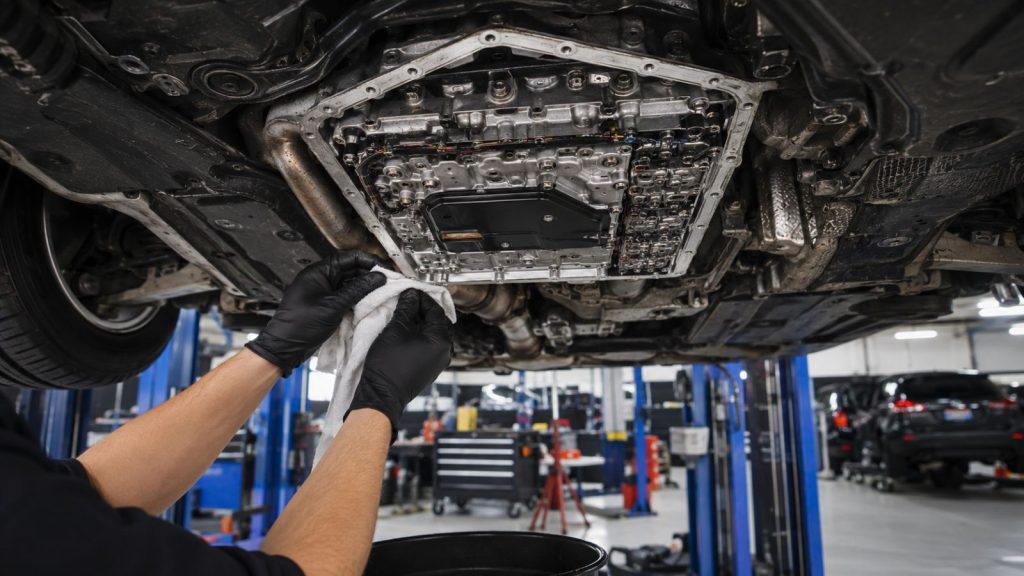 BMW technician performing ZF 8HP transmission fluid service with transmission pan removed during BMW maintenance in Denver