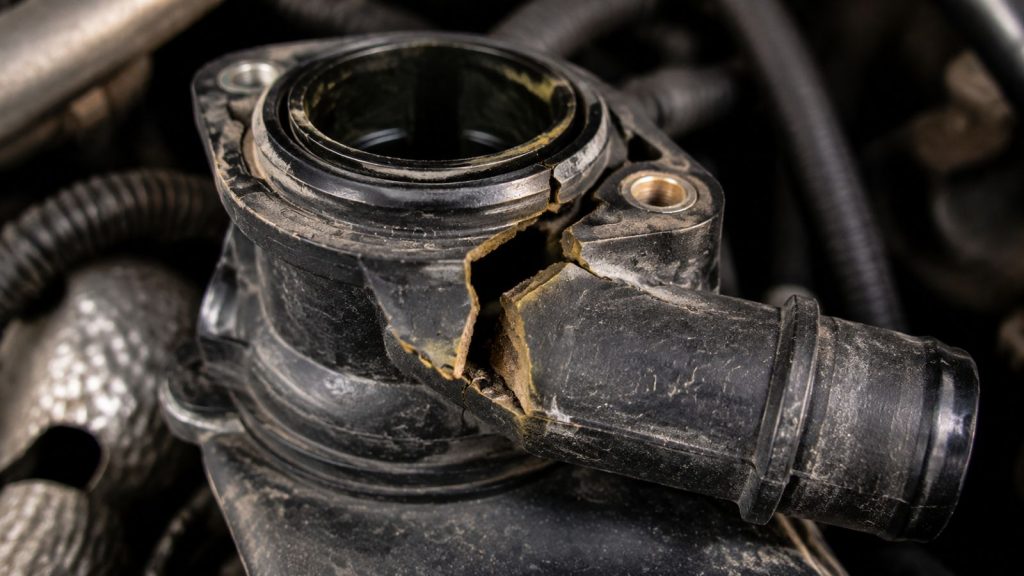 "A shattered BMW cooling system plastic flange showing age-related thermal fatigue and fracture