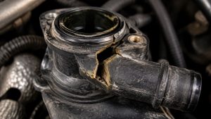 "A shattered BMW cooling system plastic flange showing age-related thermal fatigue and fracture