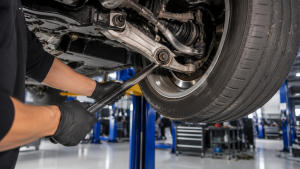 BMW technician performing a pry bar inspection on a hydraulic thrust arm bushing during BMW suspension diagnosis in Denver