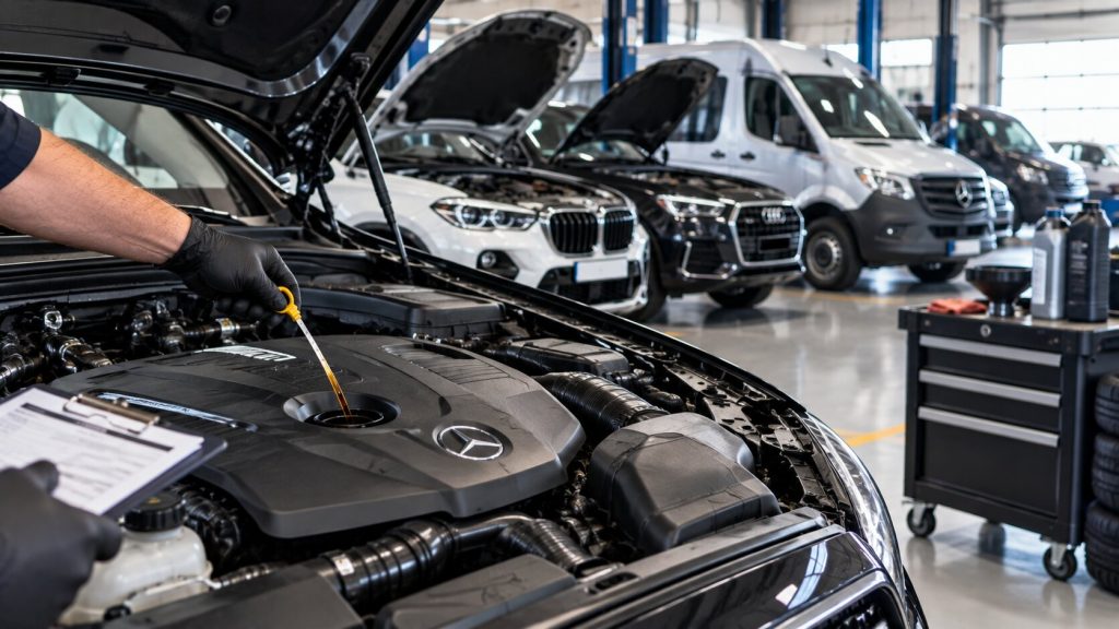  Technician checking engine oil on a European fleet vehicle during scheduled fleet maintenance in Denver.