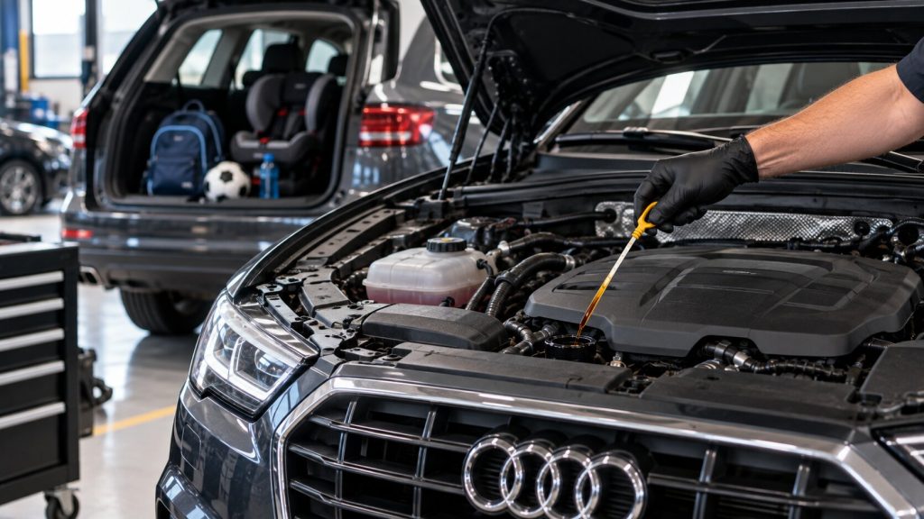 Technician checking engine oil on a European family vehicle used for short trips and school driving in Denver.
