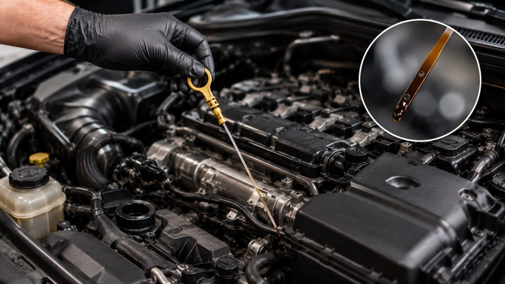 Technician inspecting engine oil for signs of fuel dilution and contamination in Denver