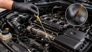Technician inspecting engine oil for signs of fuel dilution and contamination in Denver
