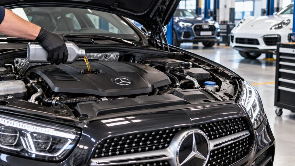 Technician adding engine oil to a European luxury vehicle during professional oil maintenance in Denver.