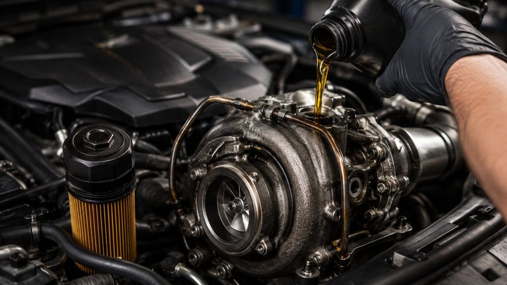 BMW turbocharger oil maintenance with synthetic engine oil for turbo bearing protection in Denver