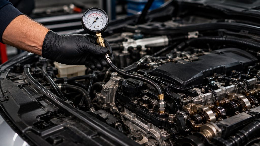 Technician testing low engine oil pressure with a mechanical pressure gauge in Denver