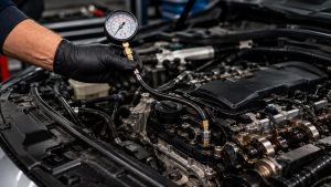 Technician testing low engine oil pressure with a mechanical pressure gauge in Denver