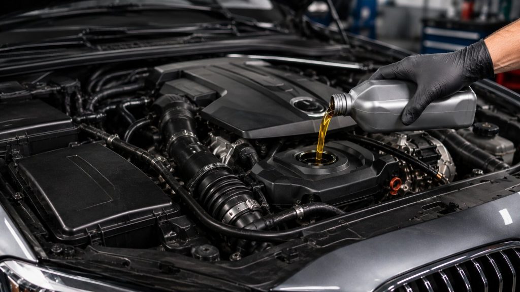 European engine oil service using manufacturer-specified synthetic oil in Denver