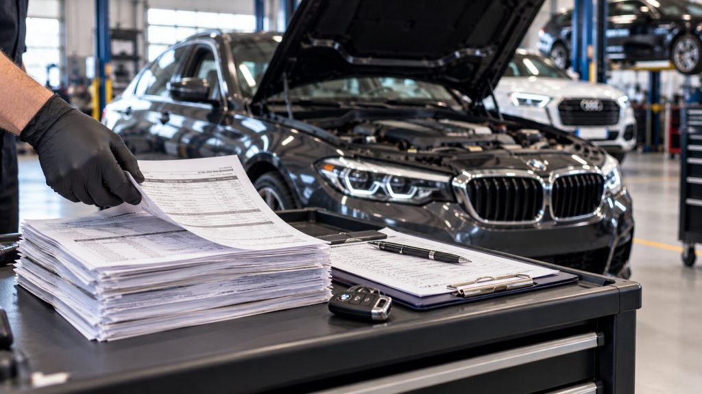 Documented oil change service records for a European vehicle maintained at a professional Denver repair shop.
