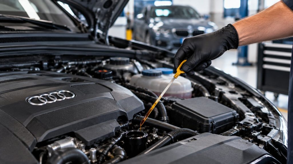 Technician checking engine oil condition on a European vehicle affected by frequent short-trip driving in Denver.