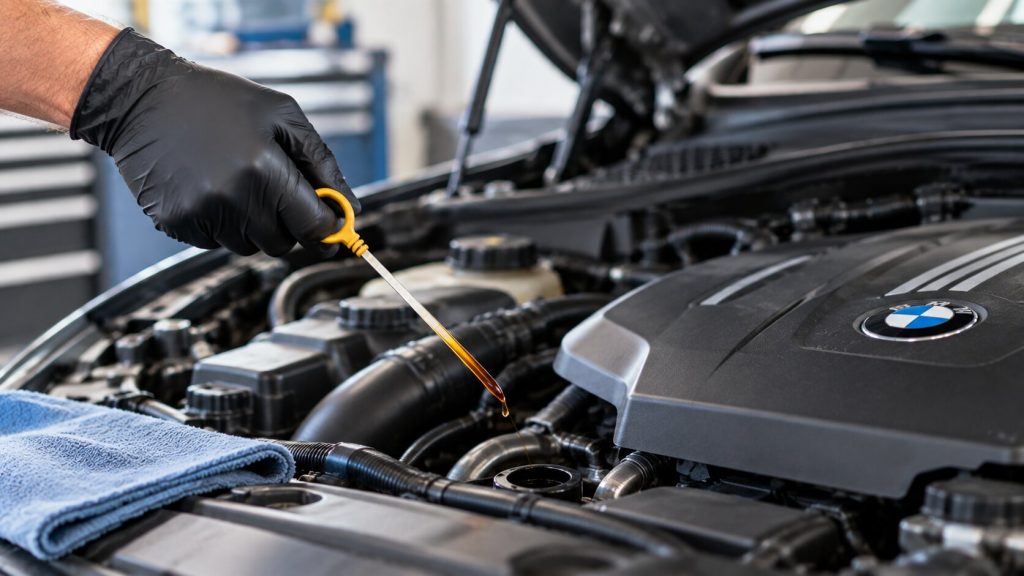 Technician checking engine oil condition on a European vehicle during an oil service in Denver.