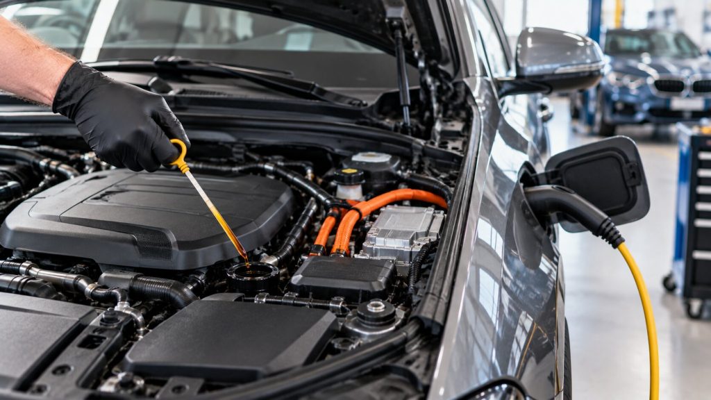 Technician checking engine oil on a European plug-in hybrid during professional maintenance in Denver.