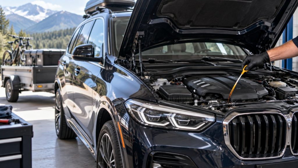 Technician checking engine oil on a European SUV used for towing and heavy-load driving near Denver.