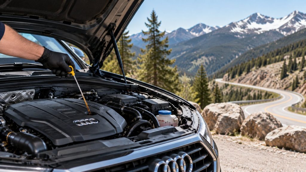Engine oil check on a European vehicle before high-altitude mountain driving in Colorado.