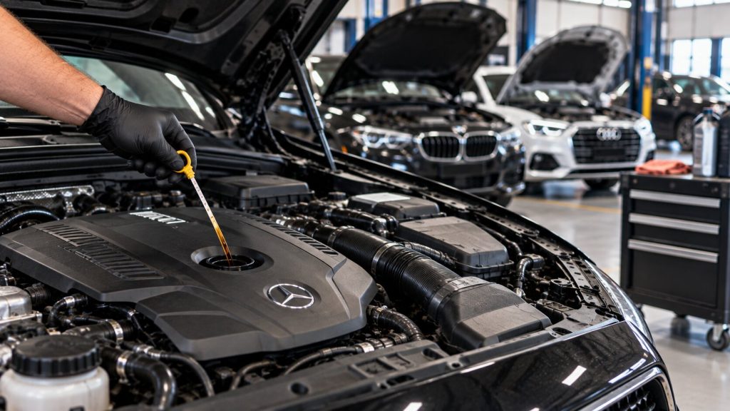Technician checking engine oil during preventive maintenance on a European vehicle in a professional Denver service shop.
