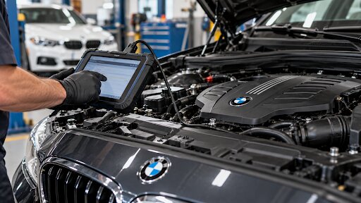 Technician using a diagnostic scan tool on a BMW during check engine light testing in Denver.